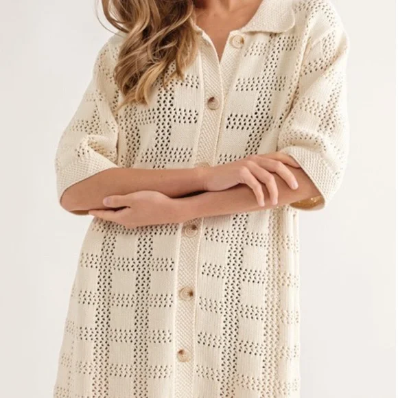 180. Women’s Ivory Crochet Knit Shirt Dress NWT - Picture 2 of 3